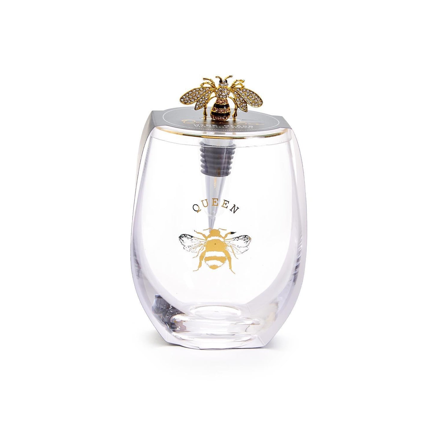 Bee Stemless Wine Glass & Wine Stopper Set