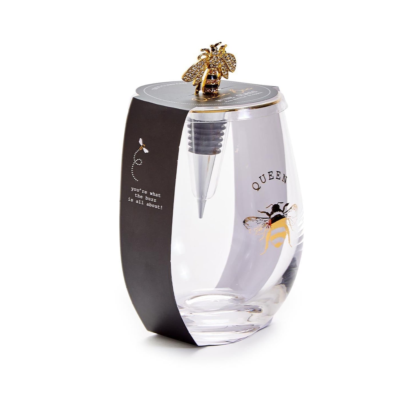 Bee Stemless Wine Glass & Wine Stopper Set