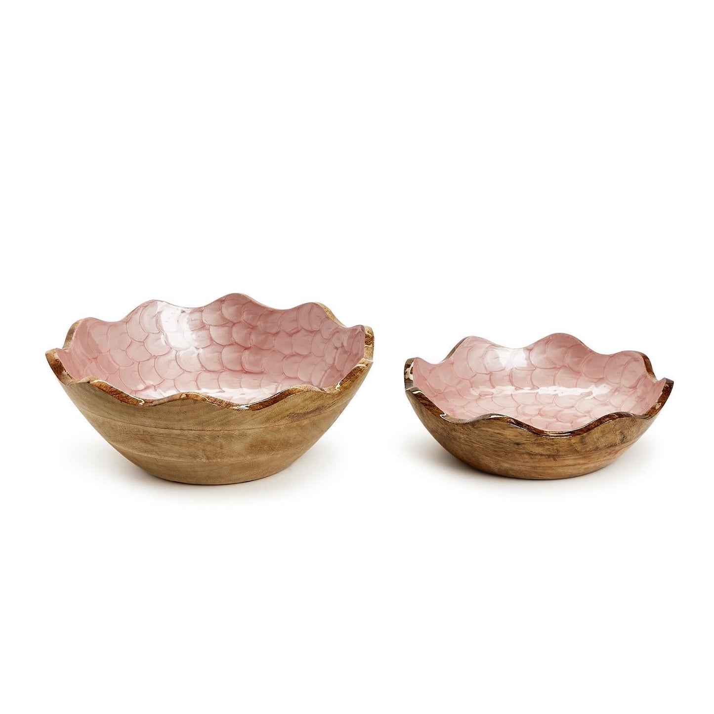 Shimmering Rose Scalloped Edge Wood Bowl Set of 2