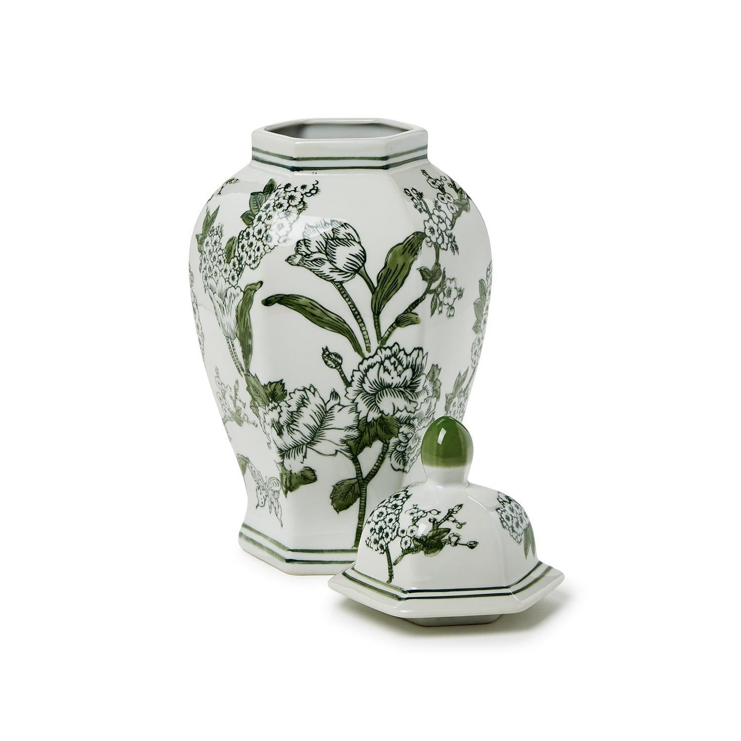Chinoiserie Hexogonal Temple Jar with Lid