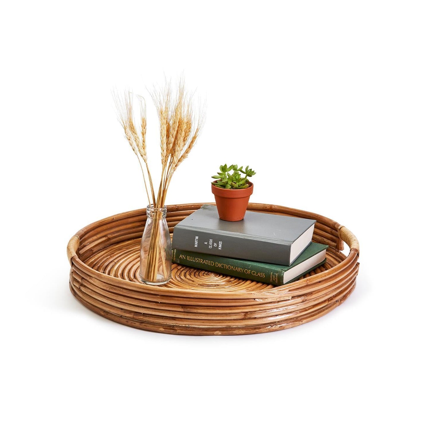Cane Hand-Crafted Rounded Tray Set of 2