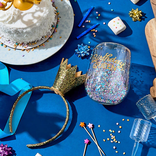 Birthday Queen Wine Glass and Glitter Crown Headband