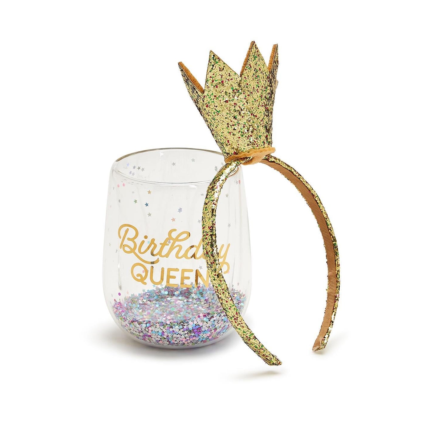 Birthday Queen Wine Glass and Glitter Crown Headband