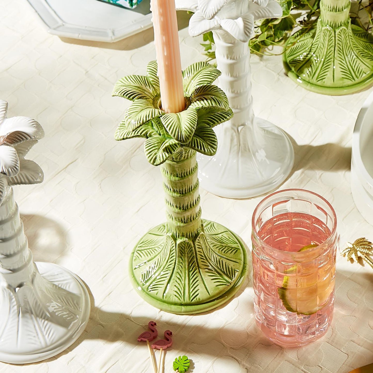 Green Palm Leaf Taper Candlestick Holder Set of 2