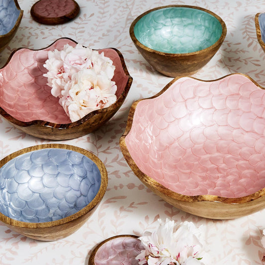 Shimmering Rose Scalloped Edge Wood Bowl Set of 2
