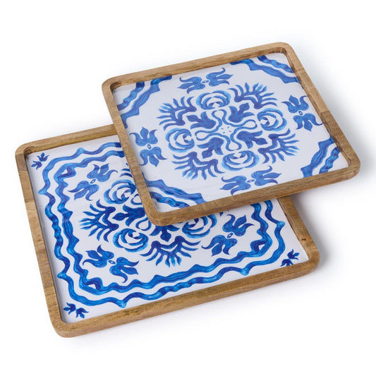 Blue Block Print Tray Set of 2